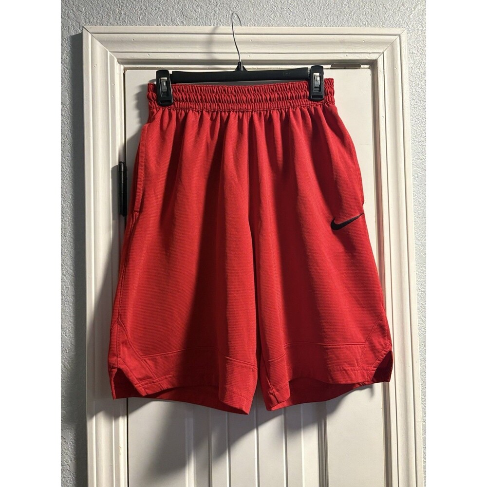 Nike Men's Athletic Shorts Size Medium Red Elastic Waist Black Swoosh Logo